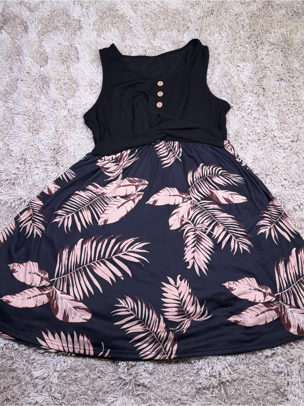 SHEIN Black Pink Tropical Leaf Twist Front Fit Flare Dress XL Sleeveless
